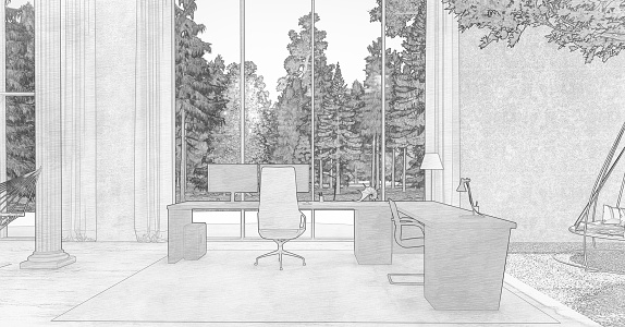 Interior design drawing of a contemporary, luxurious and spacious living room with trees, kitchen, home office and media room.