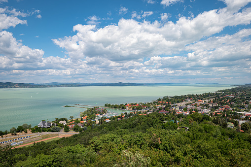 View from a hill of the harbour and village of Fonyód along Lake Balaton, Hungary on a sunny summer day.