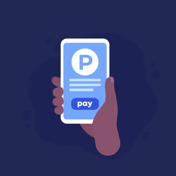 Vector illustration of parking pay with app, phone in hand, vector icon