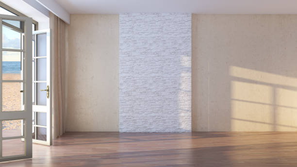 istock Interior with Sea View. Empty Hotel Room with Open Doors Overlooking the Beach 1413098046