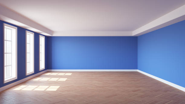 istock Interior of the Empty Sunny Room with Blue Wall, Three Large Windows 1413098050