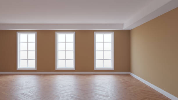 istock Empty Interior with Beige Walls, White Ceiling and Conrnice, Three Large Windows 1413098065