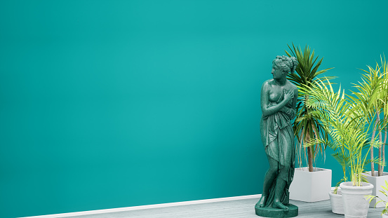 Copy space green wall background,tropical plants and antique marble Venus statue, museum interior