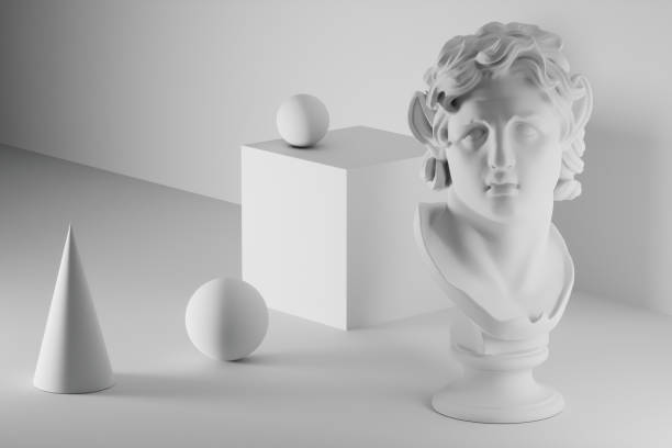 istock classical installation still life, with antique sculpture triton head, and simple geometric shapes, ball, cube, pyramid, in white 1413099272
