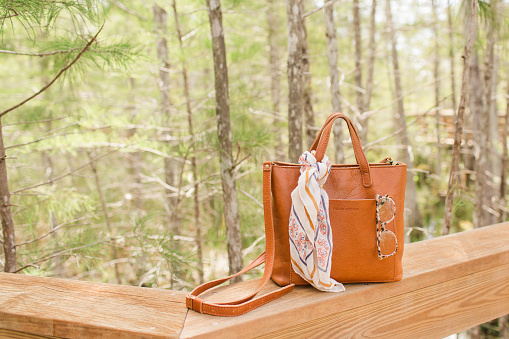 Amber-Colored Leather Crossbody Tote With a Scarf Sitting on a Wooden Ledge on an Empty Boardwalk Path at a Nature Preserve in South Florida in July of 2022