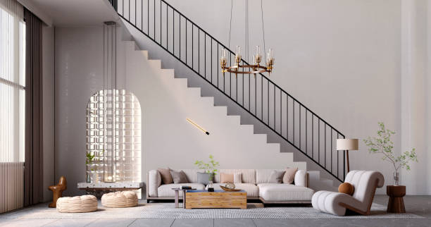 istock 3d rendering,3d illustration, Interior Scene and  Mockup,living room,high ceilings contemporary furnishings style. 1413101842