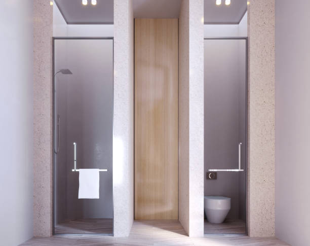 istock 3d rendering,3d illustration, Interior Scene and  Mockup,the bathroom bathtub, a washbasin with a vertical mirror, a dressing table. 1413101895