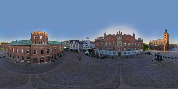 Aerial view of Odense at dawn. Directly above the square outside the city hall. The square is Italian inspired with cobblestones