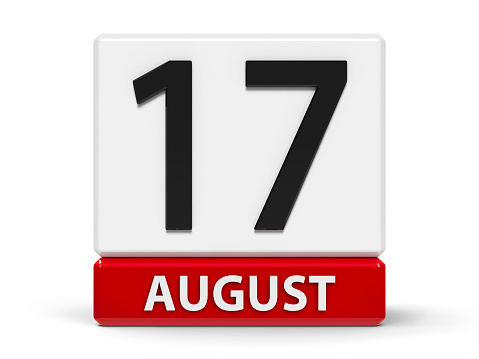 Red and white calendar icon from cubes - The Seventeenth of August - on a white table, three-dimensional rendering, 3D illustration