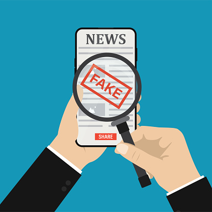 Newspaper with fake articles on mobile phone. Reader holds magnifying glass and found lie in the press. Consumer found fake news in newspaper. Social media with propaganda or hoax. Vector illustration