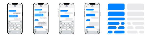 illustrazioni stock, clip art, cartoni animati e icone di tendenza di interfaccia di chat per smartphone. compositore di chat sms. bolle di template sms per comporre dialoghi. bolle di template sms per chat telefoniche. illustrazione vettoriale eps 10 - mandare un sms