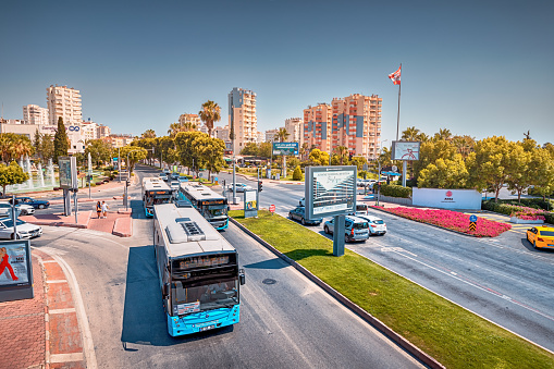 23 June 2022, Antalya, Turkey: Urban public transport bus with passengers on their routes. Rush hour and street traffic jams concept