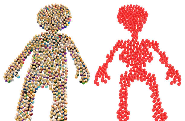Crowd of small symbolic figures forming big person shape red skeleton, 3d illustration, horizontal, isolated, over white