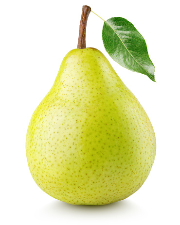 Green yellow pear fruit with leaf isolated on white with clipping path