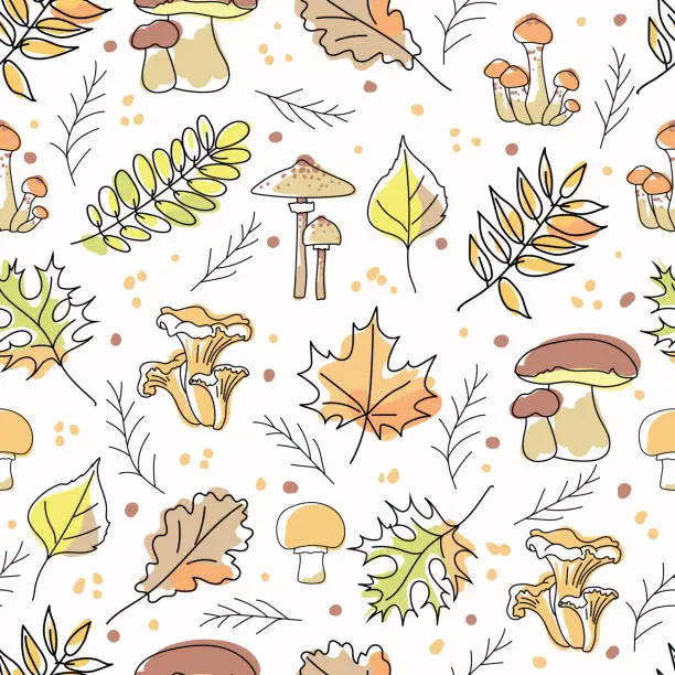 Vector illustration of Seamless pattern with autumn leaves, branches and mushrooms on a white background. Edible mushrooms and leaves of maple, oak, ash. Hand drawn doodle with splashes of color added.