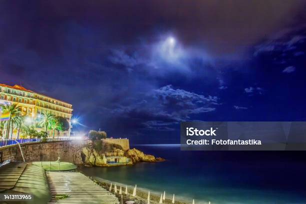 Fantastic Night View On Amazing Mediterranean Sea And Part Of Building With Moon Stock Photo - Download Image Now