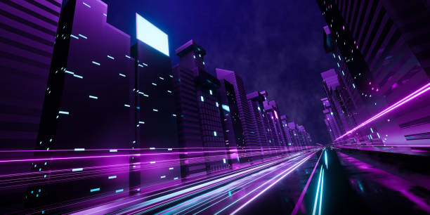 istock Futuristic cyberpunk cityscape 3d render. 1413114054