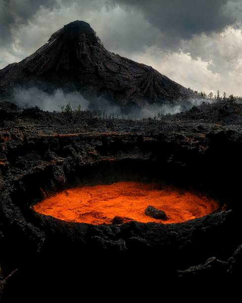 Glowing Lava Volcano Crater Lava Lake Glowing Lava in Volcano Crater Lake. Dark Lava Covered Mountain in the Background. Lake of Lava Digital Generated Image - CGI Fantasy Unreal Place. volcanic terrain stock pictures, royalty-free photos & images