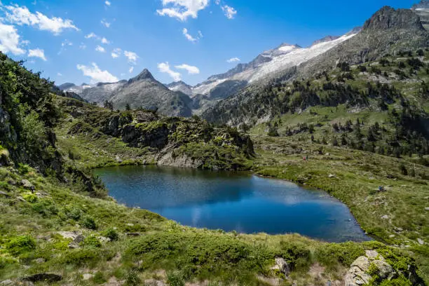 Photo of Spectacular, wonderful and evocative landscape of a lake in the Pyrenees surrounded by mountains and snow-capped peaks of Benasque. In HDR color.