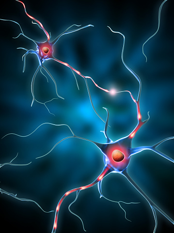 Electrochemical transmission beetween neurons. Digital illustration.