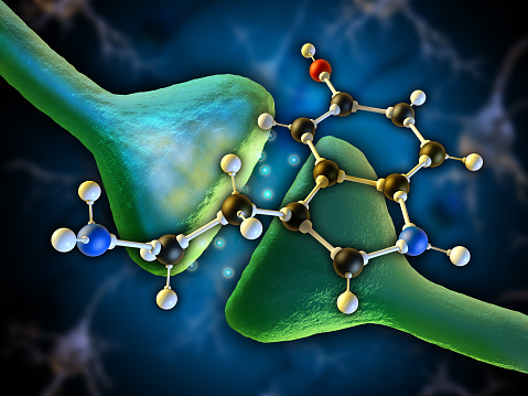 Serotonin molecule as a neurotransmitter in the human brain. Digital illustration.