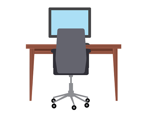 A simple computer desk with a chair and desktop pc on a transparent background.