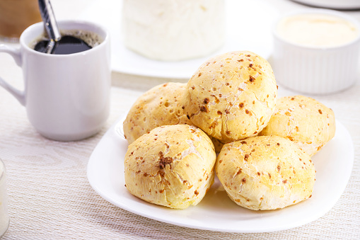 cheese bread biscuit, traditional brazilian bread made with fresh mineiro cheese, served in snack bars and bakeries in Brazil
