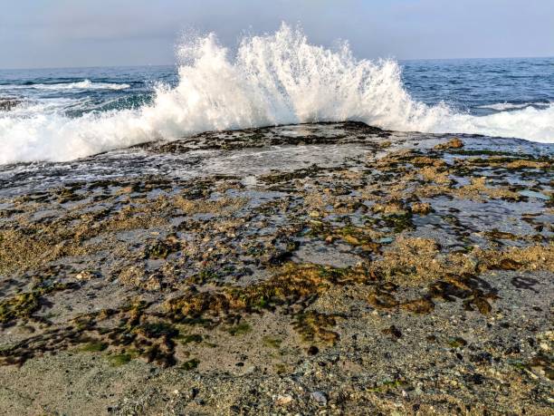 water splashing over tidepools in southern california stock photo
