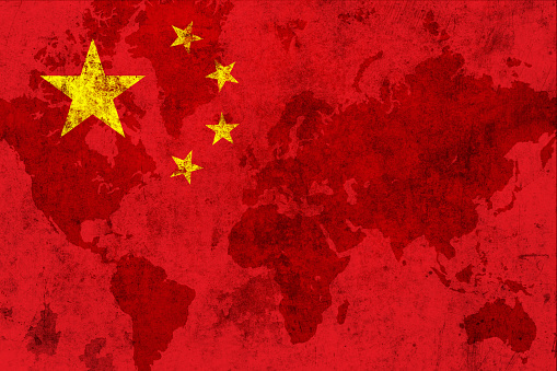 Chinese flag over world map