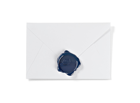 Simple white envelope with navy blue wax seal, isolated on white