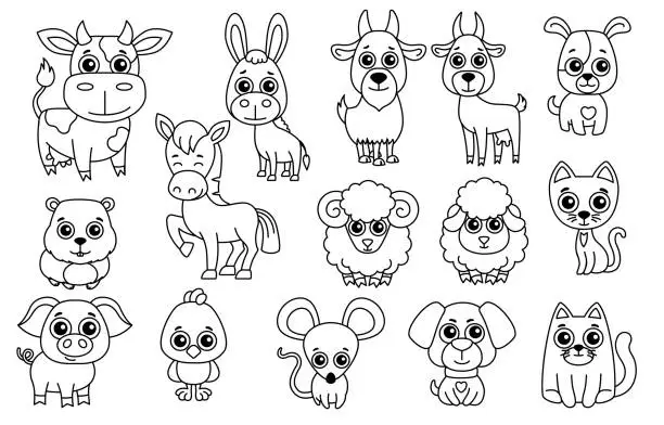 Vector illustration of Set of cute black and white farm animals in a cartoon style for laser cut or print