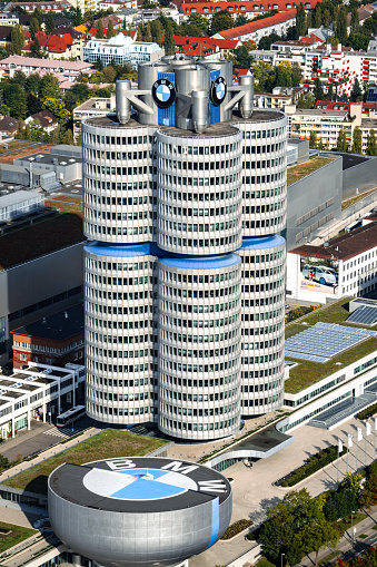 Munich, Germany - October 11, 2021: Aerial view of BMW Tower in Munich, Germany