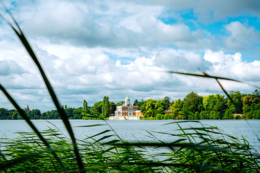 Lake Pfaffenteich with view on the old town in Schwerin. Mecklenburg-Vorpommern, Germany