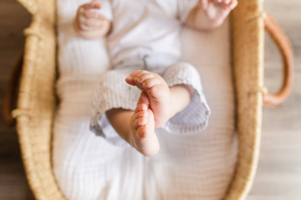 7-Month-Old Baby Boy with 12 Toes Wearing a Coastal Outfit While Laying in a Cozy Seagrass Moses Basket With White Linens 7-Month-Old Baby Boy with 12 Toes Wearing a Coastal Outfit While Laying in a Cozy Seagrass Moses Basket With White Linens. moses basket stock pictures, royalty-free photos & images