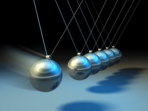 Swinging spheres demonstrate law of physics. Digital illustration.
