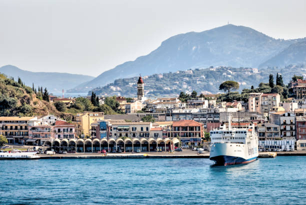 The port and shoreline of Corfu Town as seen from the water stock photo