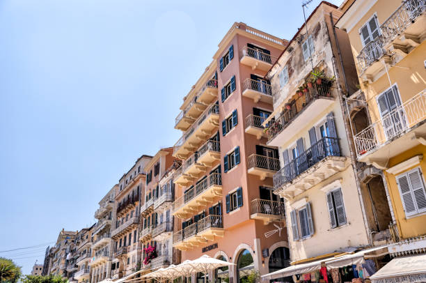 City scapes and traditional architecture of Corfu Greece with tourists enjoying the sights stock photo
