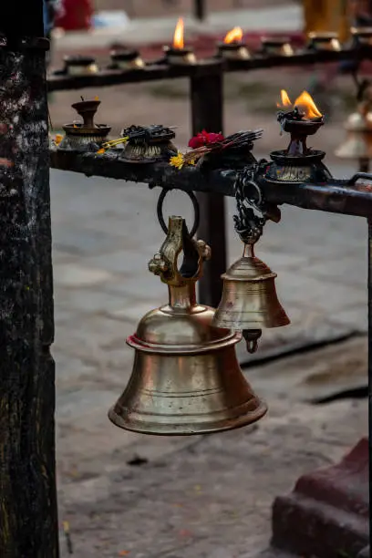 A ritual bell in the Swayambhunath temple in Kathmandu, Nepal, on Nov 6, 2019. In the temple enclosure there are many bells that are rung by pilgrims.