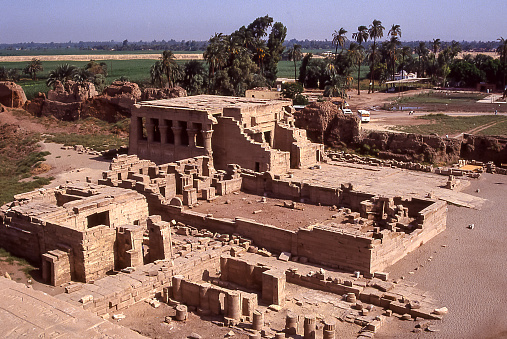 Dendera, Egypt - aug 11, 1991: outside the main body of the temple in Dendera, in the sacred enclosure, temples, wells and other buildings were found