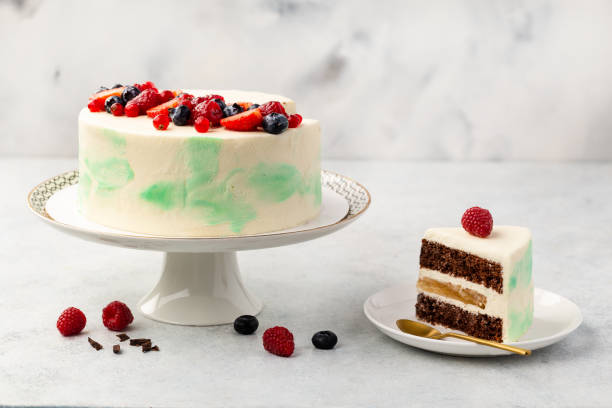 istock White cake, berry sponge cake with fresh berries and sour cream on a white background 1413135749