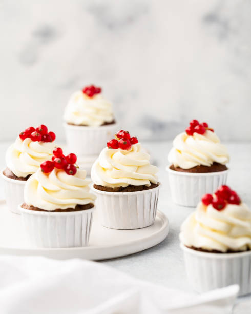 Vanilla cupcakes on white wood background, copy space stock photo