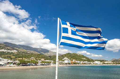 Greek Flag at Plakias in Municipality of Agios Vasileios on Crete, Greece