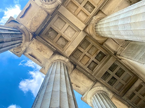 Donaustauf, Germany - July 31, 2022: Looking up at the ceiling of the Walhalla memorial near Regensburg.