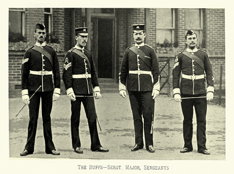 Vintage illustration after a photograph, Victorian British Army, Sergeant Major and sergeants of Buffs (Royal East Kent Regiment), Military uniforms 19th Century