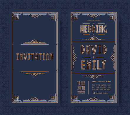 Wedding invitation card set art deco style gold color on black background with frame. Greeting card. Vector Illustration