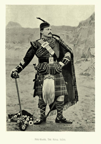 ilustrações de stock, clip art, desenhos animados e ícones de victorian british army, pipe major of the royal scots, claymore sword, bagpipes, military uniforms 19th century - major