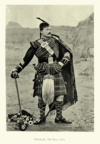 Vintage illustration after a photograph, Victorian British Army, Pipe Major of the Royal Scots, Claymore sword, Bagpipes, Military uniforms 19th Century