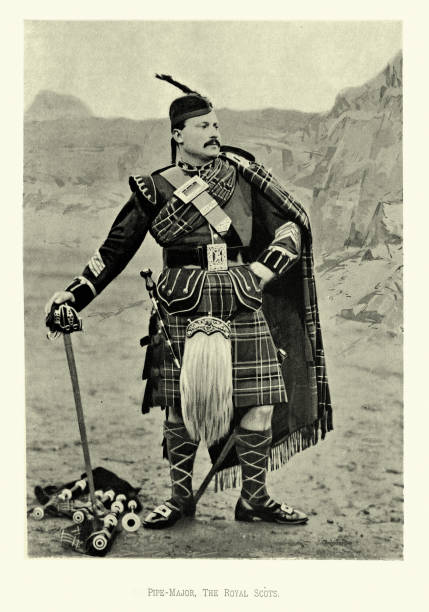 Victorian British Army, Pipe Major of the Royal Scots, Claymore sword, Bagpipes, Military uniforms 19th Century vector art illustration
