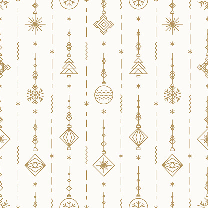 Christmas pattern with new years toy gold color consisting of xmas tree, ball, snowflake art deco line style for poster, sale, greeting cards, product promotion, web, decoration. Vector Illustration