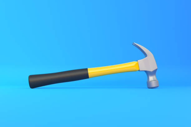 istock Claw hammer with yellow plastic handle isolated on blue background 1413138202